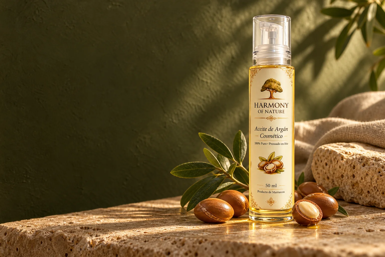 Aceite de argán cosmético con frutos de argán