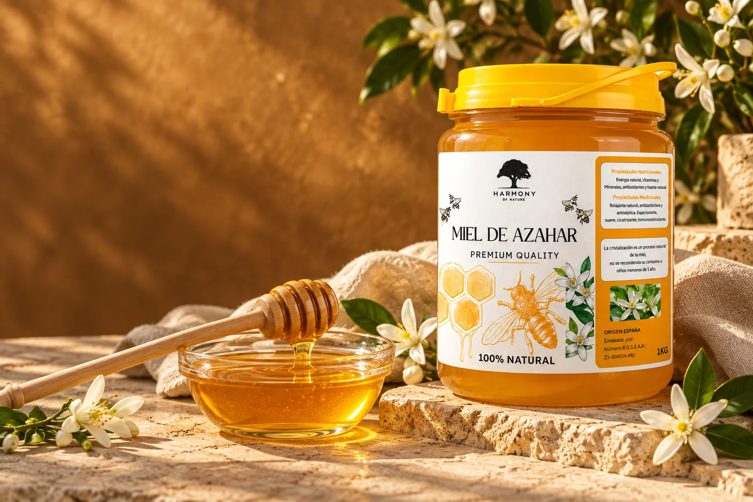 Miel de azahar con mielera y flores