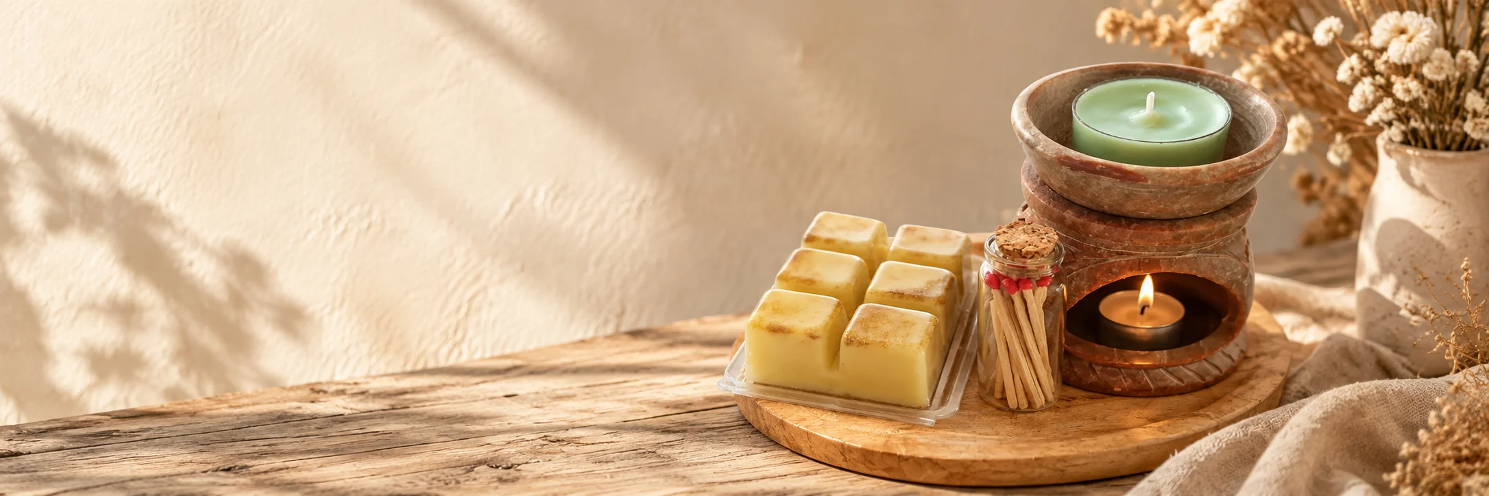Set de quemador de piedra, wax melts y cerillas sobre una bandeja de madera