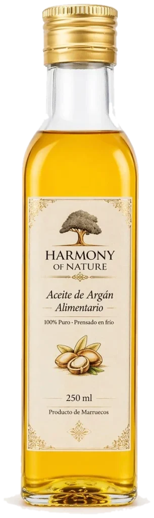 Botella de aceite de argán alimentario puro prensado en frío de Marruecos