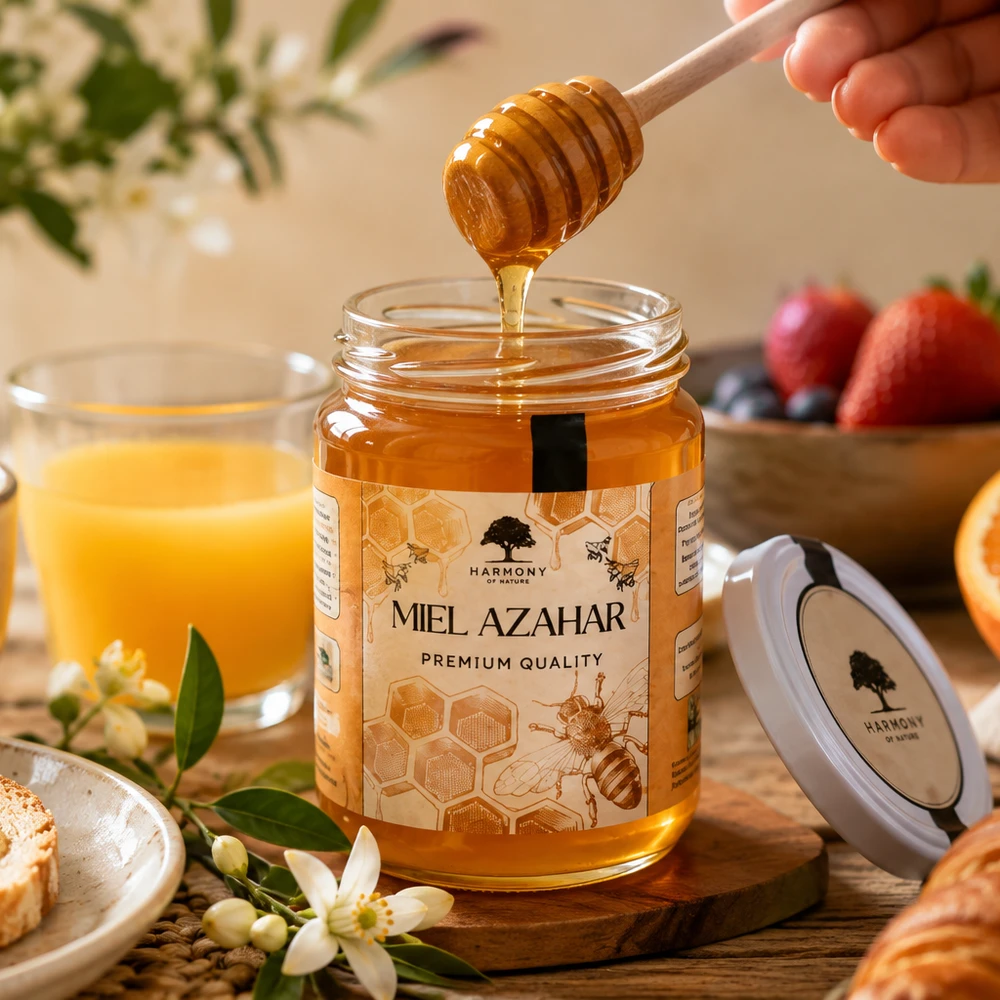 عسل زهر البرتقال على مائدة فطور مع أزهار البرتقال