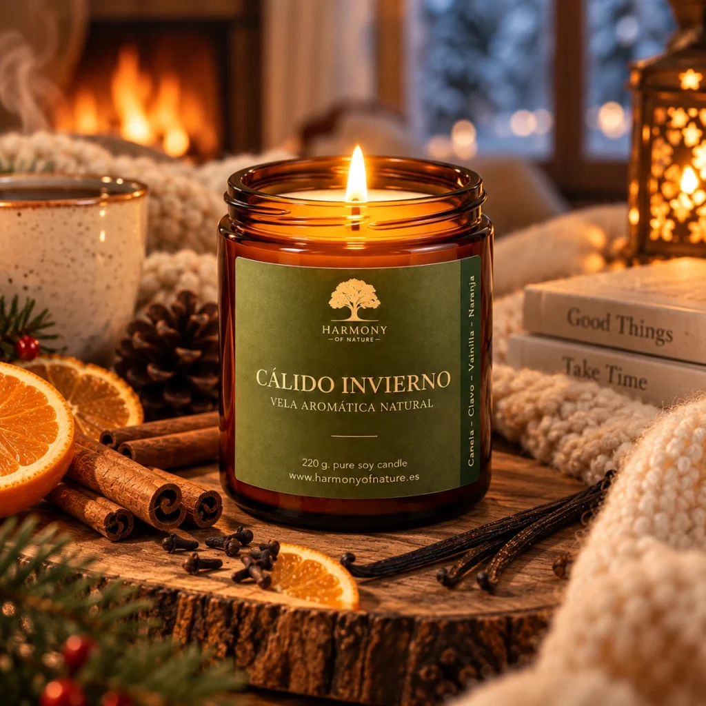 شمعة Cálido Invierno مضاءة بجانب المدفأة