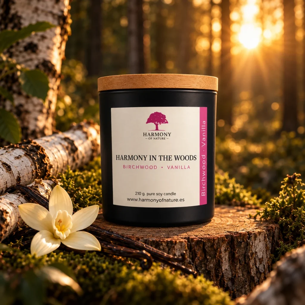 شمعة Harmony in the Woods على جذع شجرة في غابة بتولا عند الغروب