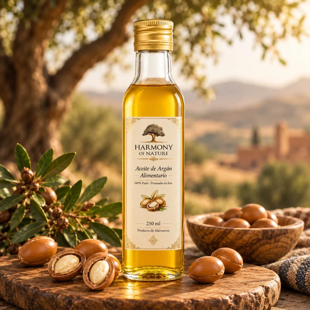 قارورة زيت الأركان الغذائي مع ثمار الأركان ومنظر طبيعي من المغرب في الخلفية