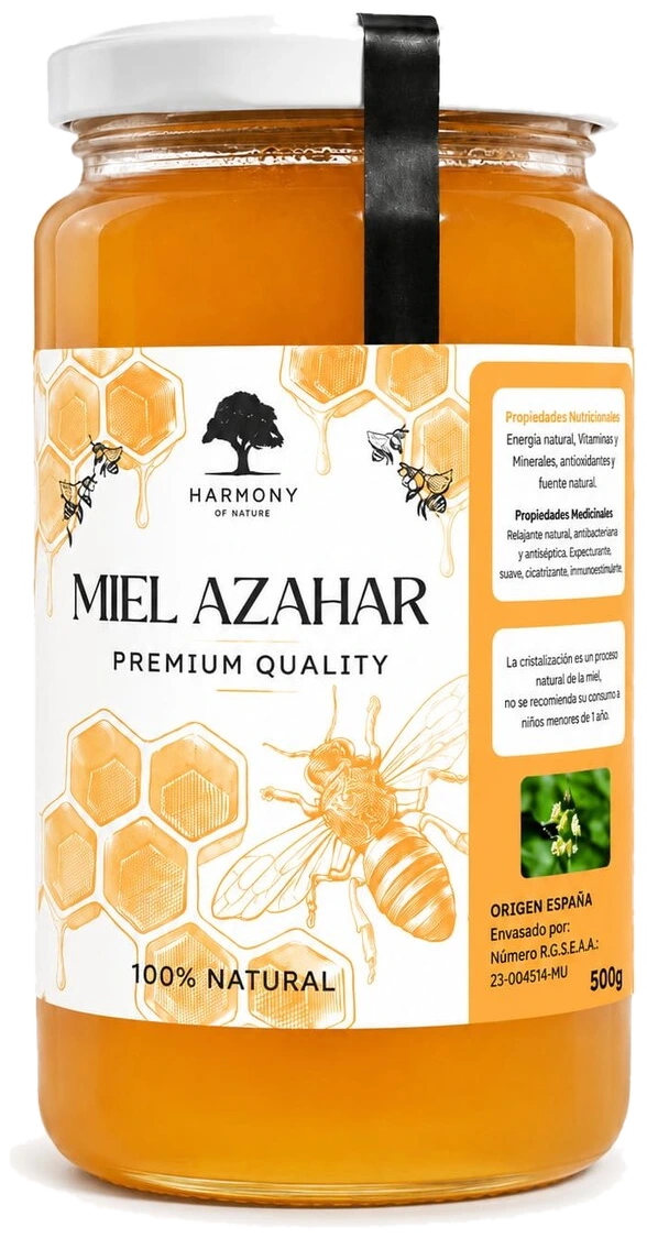 Tarro de miel de azahar pura recogida en España, 500 gramos