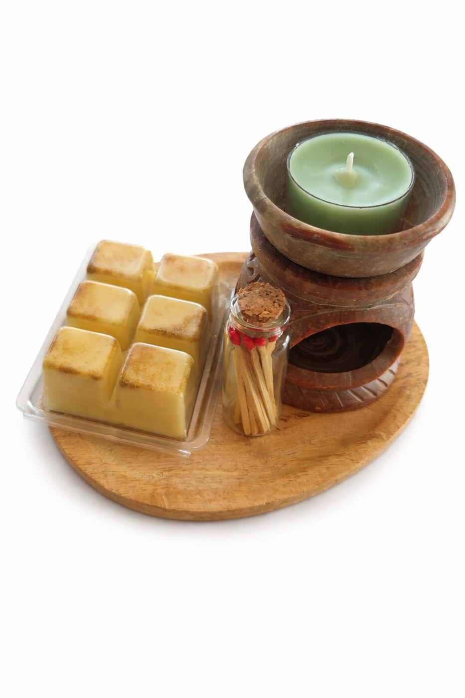 Set de regalo con quemador de piedra, wax melts de cera de soja y cerillas