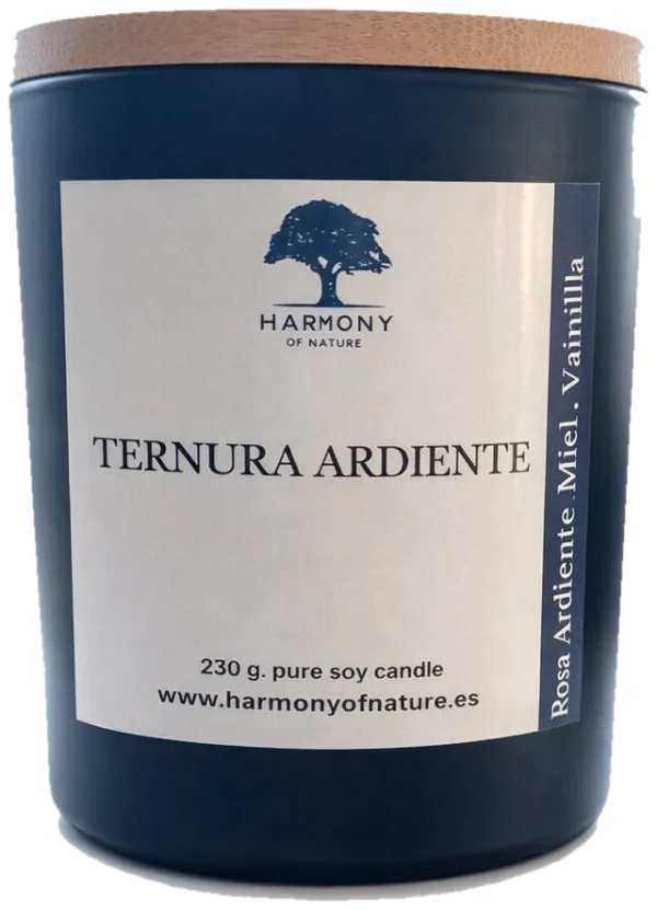 Vela aromática Ternura Ardiente de cera de soja, con rosa, miel y vainilla
